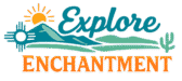 Explore Enchantment logo showing a stylized New Mexico desert landscape with layered mountains, a rising orange sun, a turquoise Zia symbol, and a cactus, using a Southwest color palette of teal, turquoise, and adobe orange.