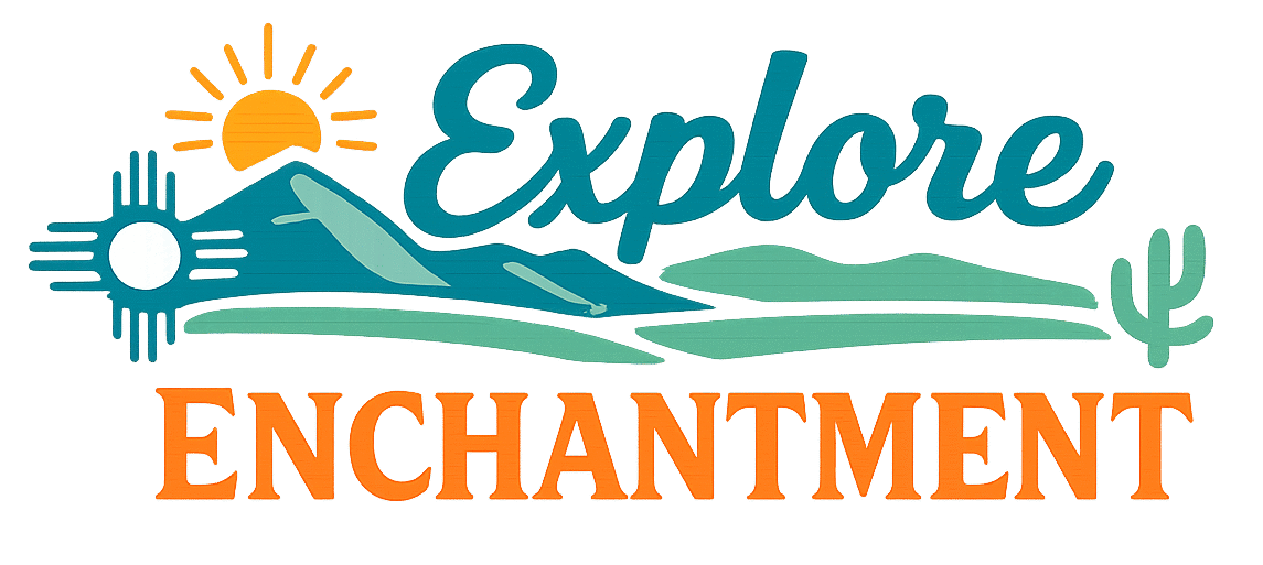 Explore Enchantment logo showing a stylized New Mexico desert landscape with layered mountains, a rising orange sun, a turquoise Zia symbol, and a cactus, using a Southwest color palette of teal, turquoise, and adobe orange.